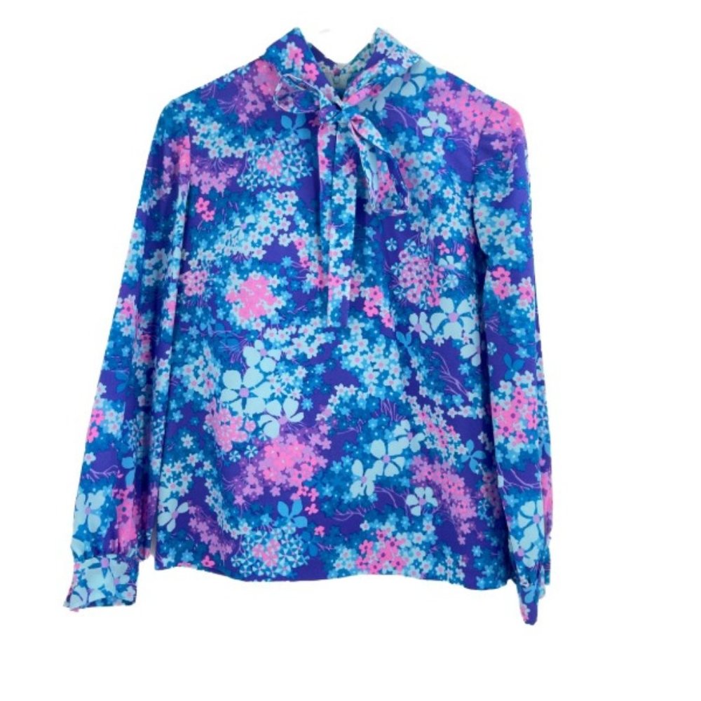Vintage 70s Unbranded Blouse Blue Floral Tie Neck Long Sleeve Back Zip Size S
